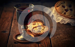 Holy communion on wooden table on church.Taking holy Communion