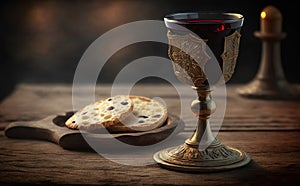 Holy communion on wooden table on church.Taking holy Communion