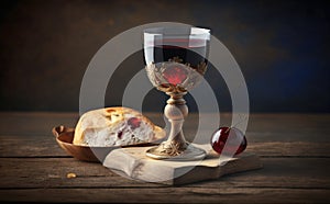 Holy communion on wooden table on church.Taking holy Communion