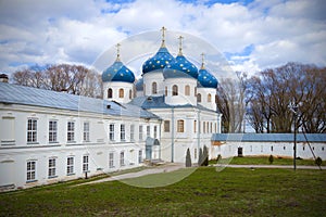 The Holy Cross Cathedral of Monastery on the April day. Veliky Novgorod, Russia