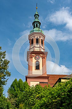 Holy Cross Church spire 1700, the main catholic chuch of Offenburg.Baden Wuerttemberg, Germany, Europe