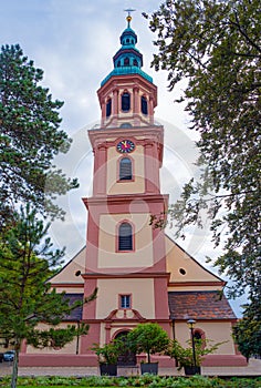 Holy Cross Church spire 1700, the main catholic chuch of Offenburg.Baden Wuerttemberg, Germany, Europe