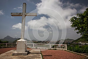 Holy Cross and mountains with view over the city of Assomada on the island of Santiago, Cabo Verde islands photo
