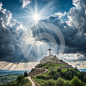 Holy cross symbolizing the death and resurrection of Jesus Christ with the sky over Golgotha Hill is shrouded in light and clouds