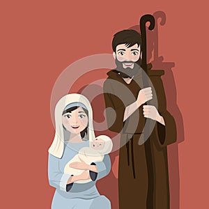 Holy family on a flat background. Christmas nativity scene. Birth of Christ