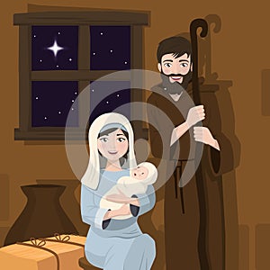 Holy family foreground. Christmas nativity scene. Birth of Christ