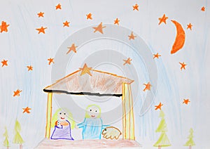 Holy family Mary, Joseph and Jesus. Christmas religious nativity scene. Children`s drawing