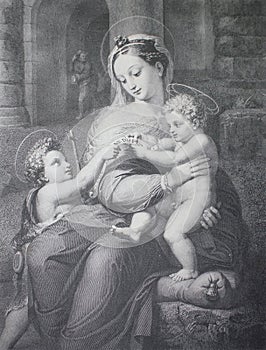 The Holy Family by Raphael Sanzio in a vintage book Rafael`s Madonnen, by A. Gutbier, 1881, Dresden photo