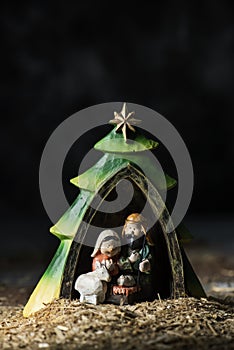 The holy family in a rustic nativity scene