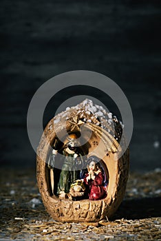 The holy family in a rustic nativity scene