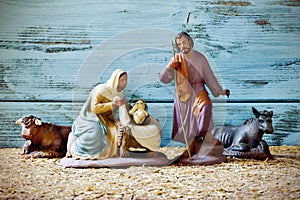 The holy family in a rustic nativity scene