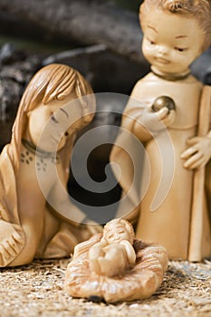 The holy family in a rustic nativity scene