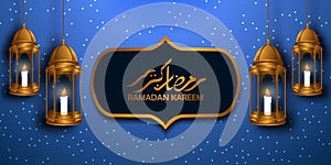 Holy fasting month for muslim mosleem. islamic event ramadan kareem greeting card. Beautiful illustration of hanging fanous photo