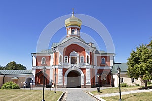 Holy gates with gate Church of St. Philipp the Metropolitan of Moscow in the Valday Iversky Svyatoozerskaya mother of God monaster photo