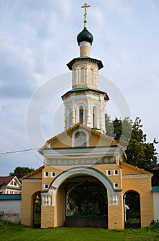 Holy gates of Resurrection Cathedral of 17th century on right bank of Volga river in summer in Tutayev, Yaroslavl region, Russia