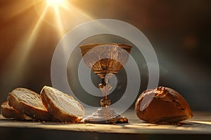 The holy grail of communion unleavened bread and wine chalice at the last supper event photo