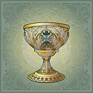 Holy Grail. Medieval gothic style concept art. Decorative floral background