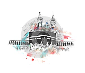 Holy Kaaba in Mecca Saudi Arabia, Hand Drawn Sketch Vector.