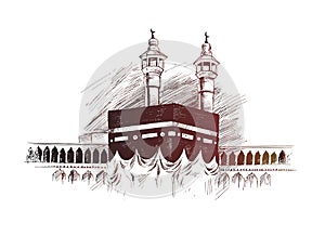 Holy Kaaba in Mecca Saudi Arabia, Hand Drawn Sketch Vector.