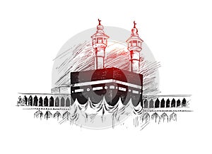 Holy Kaaba in Mecca Saudi Arabia, Hand Drawn Sketch Vector.