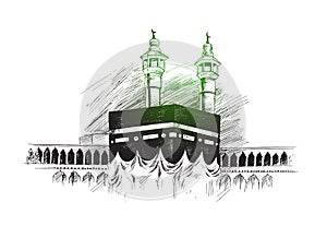 Holy Kaaba in Mecca Saudi Arabia, Hand Drawn Sketch Vector