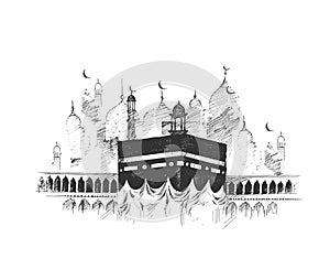 Holy Kaaba in Mecca Saudi Arabia, Hand Drawn Sketch Vector illus photo