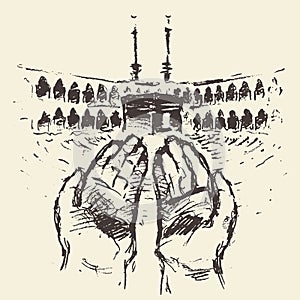 Holy Kaaba Mecca Saudi Arabia praying hands drawn