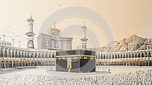 Holy Kaaba in Mecca, Saudi Arabia. A style in colored pencil sketch