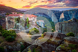 Holy Meteora. Greece, Meteora Monasteries. Panoramic view of the Holy Monastery of Varlaam, located on the edge of a high cliff.