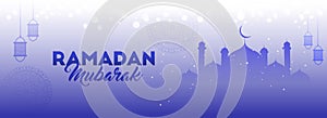 Holy Month of Muslim Community Festival Ramadan Mubarak Header or Banner Design with Silhouette Mosque, Hanging Lantern on Light