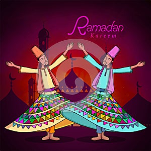Holy month of muslim community, Ramadan Kareem celebration with illustration of dervish on islamic mosque night