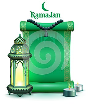 Holy month ramadan green scroll, vintage lamp and candles on background of mosque