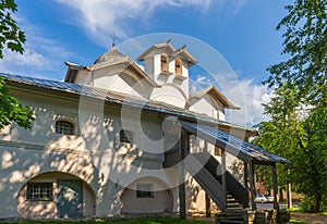 Holy Myrrh Bearers church at Yaroslav`s Court in Velikiy Novgorod, Russia. Summer landscape with architectural landmark. Monument