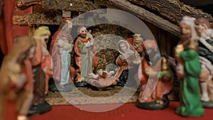 Holy night and Jesus Christ Nativity scene, illuminated christmas decoration. Beautiful nativity scene - close up view