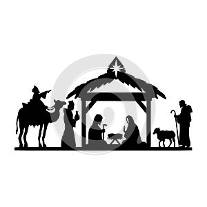Holy Night silhouette - Nativity scene of baby Jesus silhouette in a manger with Mary and Joseph with the three wise men