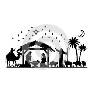 Holy Night silhouette - Nativity scene of baby Jesus silhouette in a manger with Mary and Joseph with the three wise men