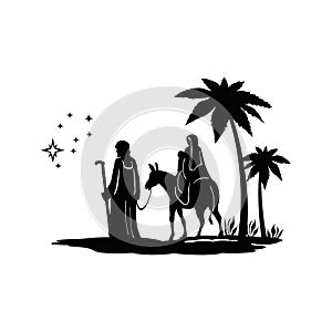 Holy Night silhouette - Nativity scene of baby Jesus silhouette in a manger with Mary and Joseph with the three wise men