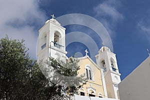 Holy Orthodox Church of Saints Anargyri in the small town of Megalochori on the Cyclades island of Santorini-Greece