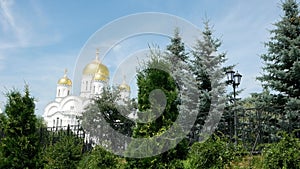 Holy places in Russia. Temple of St. Seraphim of Sarov in the village of Diveevo on a sunny summer day. Christian church. Sarov, N