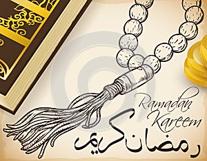 Holy Quran Book, Charity Coins and Masbaha for Ramadan Month, Vector Illustration