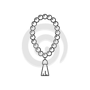 Holy rosary. Linear prayer beads icon. Black simple illustration of religious accessory with tassel. Attribute of Christianity,