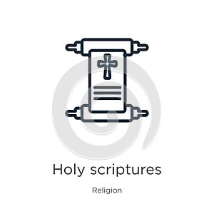 Holy scriptures icon. Thin linear holy scriptures outline icon isolated on white background from religion collection. Line vector