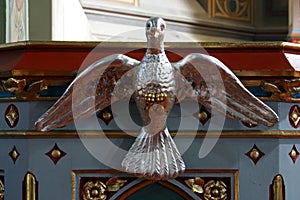 Holy Spirit bird statue at the pulpit in the church Birth of the Virgin Mary in Granesina, Croatia
