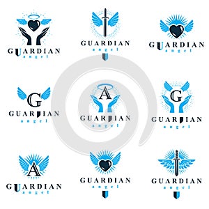 Holy spirit graphic vector logotypes collection, can be used in charity and catechesis organizations. Vector emblems created using