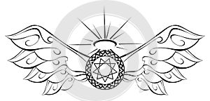 Holy spirit symbol on winged decoration, esotericism, black and white, isolated.
