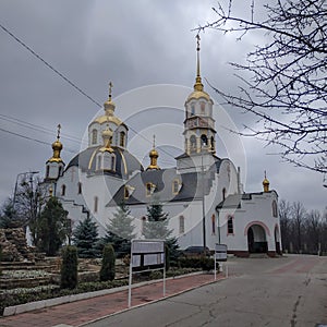 Holy Trinity Cathedral in Kramatorsk, cloudy day, March photo