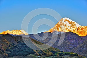 Holy Trinity Church sunrise, Kazbegi, Georgia