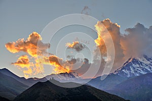 Holy Trinity Church Sunset, Kazbegi, Georgia