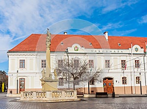 Holy Trinity column and Late-baroque Town Hall Varoshaza Building at Fo ter Square in Keszthely, Hungary