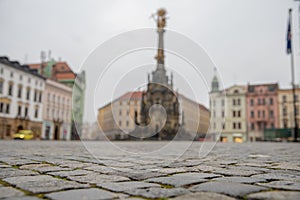 Holy Trinity Column in the main square of the old town of Olomouc, Czech Republic. Old cubes paving